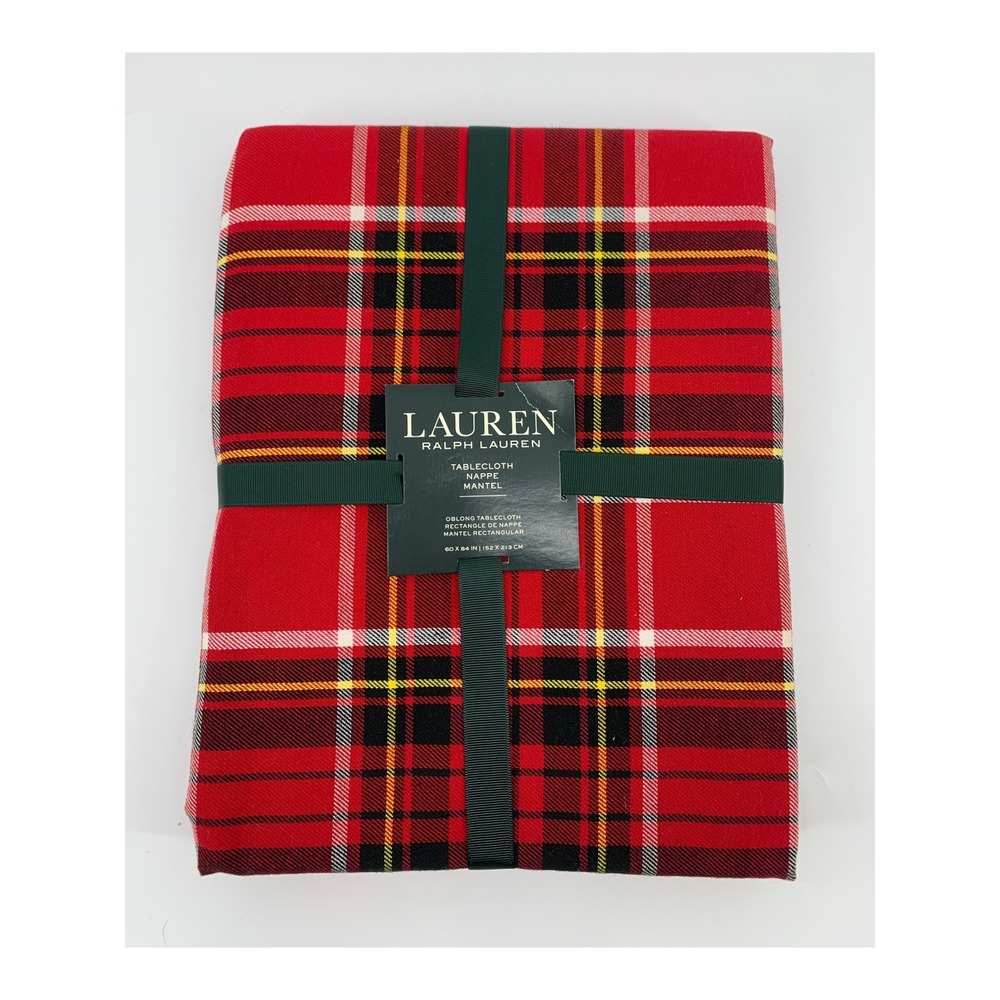 Ralph Lauren Tablecloth 60x84 Red Plaid Tartan Christmas Holiday Oblong NEW